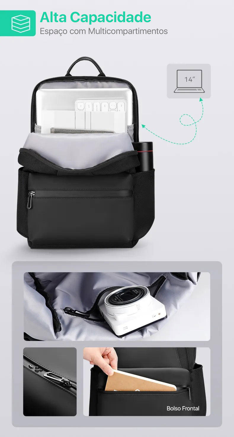 texto explicativo mostrando como a mochila tem uma alta capacidade de armazenamento com diversos compartimentos.